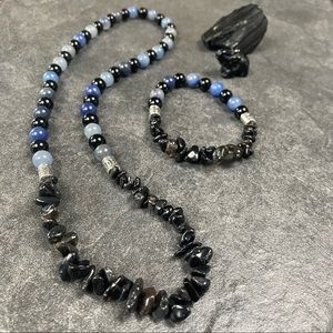 Mens Black Obsidian Blue Aventurine Necklace and Bracelet Beaded Set